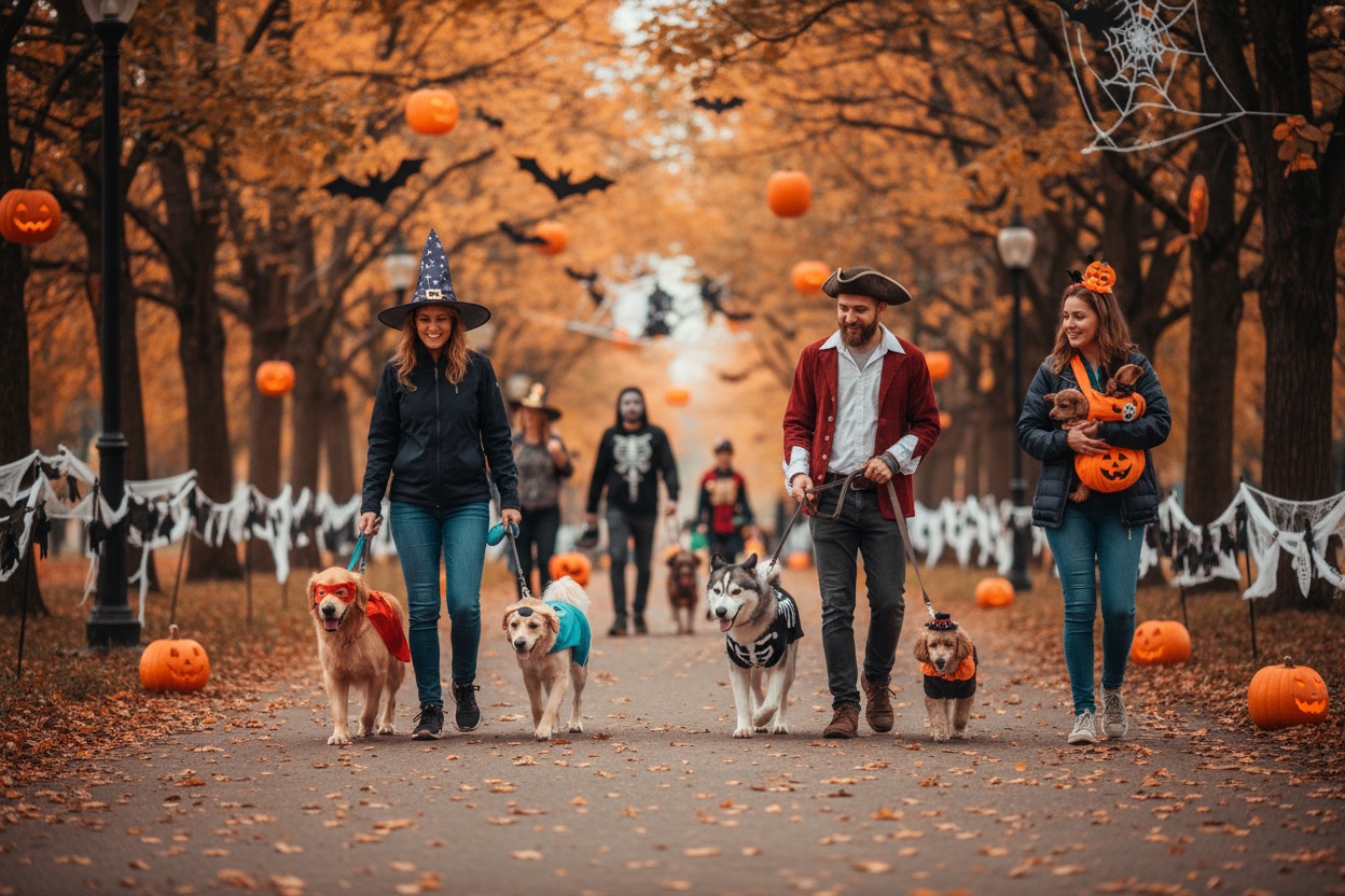 Mensen die in een herfstbos wandelen met hun honden, allen verkleed in Halloweenkostuums.